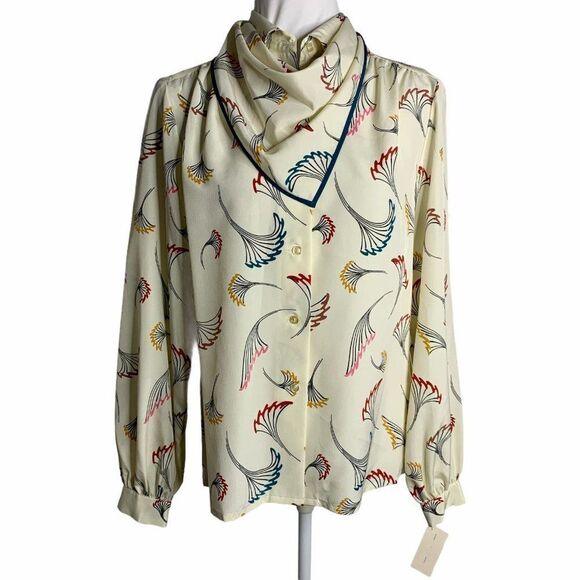 Vintage Floral Secretary Blouse M Cream Button Down Long Sleeve Triangle Scarf - Picture 2 of 9